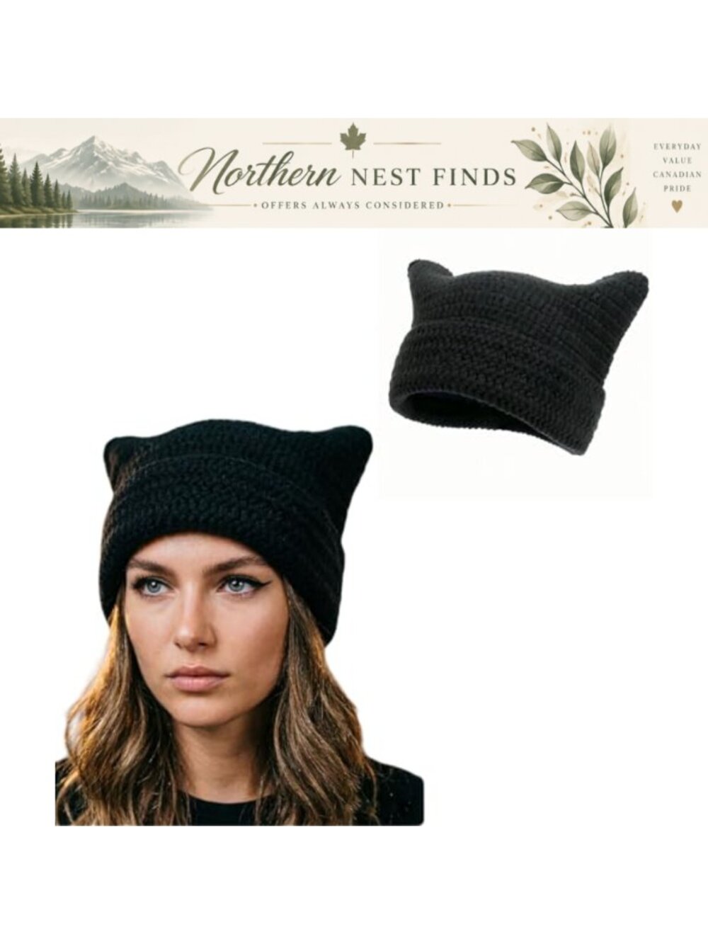 Handmade Crochet Cat Ear Beanie Slouchy Knit Grunge Winter Hat
